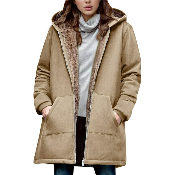 GaThRRgYP Warm Plush Women's Jacket for Fall,Women's Winter Loose and Warm Long-sleeved Hooded Thickened and Fleece Lambskin Jacket Top Khaki XXL