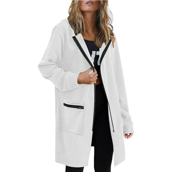 GaThRRgYP Women's Fleece Jacket Soft Warm,Women's Colored Long-sleeved Hooded Sweater Jacket with Pockets White XL