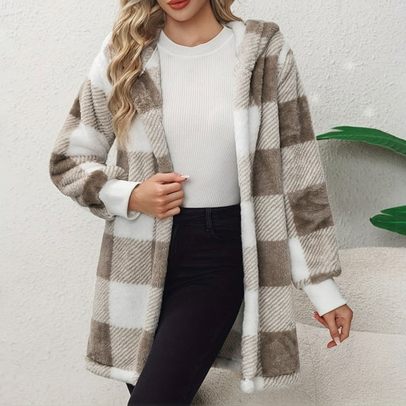 GaThRRgYP Womens Coats Plus Size,Women's Winter Plaid Hooded Comfortable Double-Faced Fleece Coat Khaki S