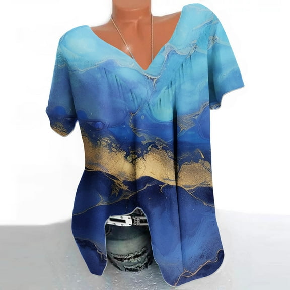 GaThRRgYP Womens Floral Tops for $5 Tops,Women Plus Size Short Sleeves V-Neck Print Blouse Pullover Short Sleeve Blouses Blue XL