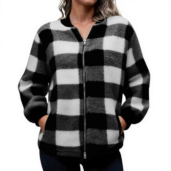 GaThRRgYP Womens Sherpa Coats Winter Fleece Jackets,Women's Fashion Long Sleeve Solid Color Thickening Cardigan Thicken Jacket Checkered Fall Winter Warm Coat White M