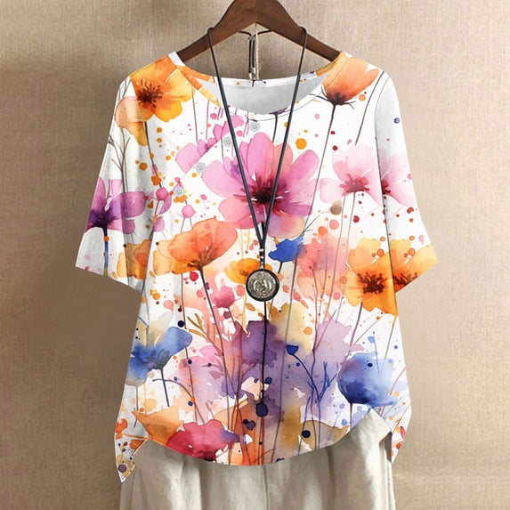 Black*Friday Discounted Items under $5 GaThRRgYP Womens Tops Dressy Casual,Women's Casual Round Neck Button Printed Short Sleeve Blouse Pink M
