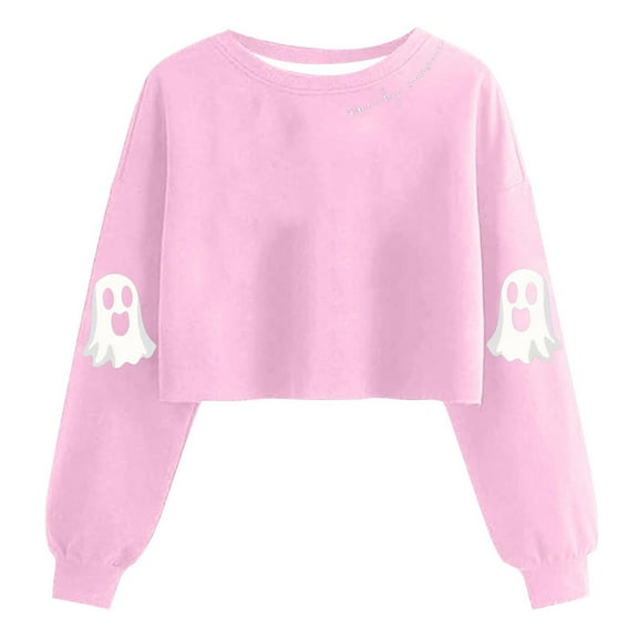 GaThRRgYP Womens Tops Plus Size,Fashion Women's Halloween Non Positioning Printed Fashionable Loose Casual Round Neck Long Sleeved T-shirt Pullover Hoodie Top Pink S