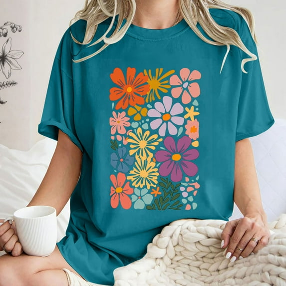 GaThRRgYP Womens Tops Short Sleeve Blouse,Summer Shirts for Women Short Sleeve,Women's Fashion Summer Round Neck Drop Sleeves Leisure Short Sleeve Printing Blue XXL