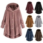 LEAVINGSUO Soft Hooded Jacket Womens Outerwear,Women Plus Size Button Tops Hooded Loose Cardigan Wool Coat Winter Coffee M