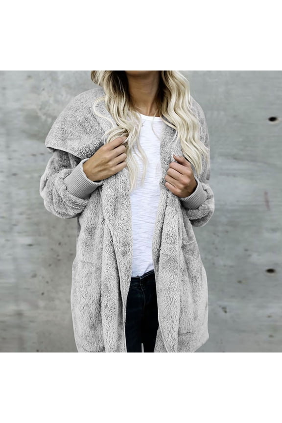 LEAVINGSUO Winter Coats,Women's Medium To Long Solid Color Sweater Hooded Jacket Gray M