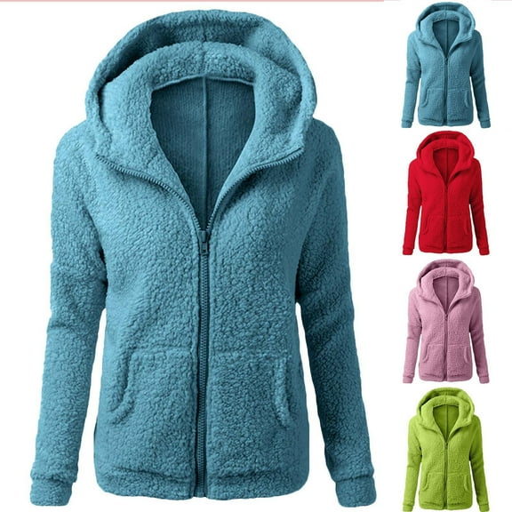 LEAVINGSUO Women's Fluffy Winter Jacket Cozy and Warm,Women's Solid Zip Pocket Hooded Top Coat Green M