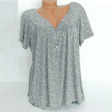 Clearance asdoklhq Plus Size Tops for Women Clearance,Plus Size Short Sleeves V-Neck PrintBlouse Pullover Tops Shirt