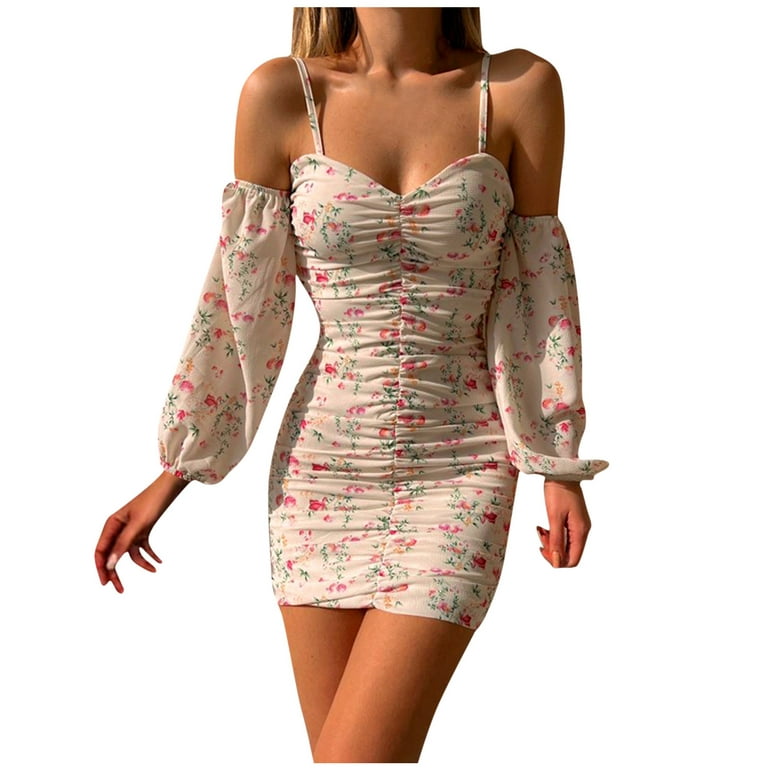 Black·Friday·Deals Clearance asdoklhq Woman Clothes Clearance,Spring and  Summer New Flower Print One-shoulder Suspender Long Sleeve Dress