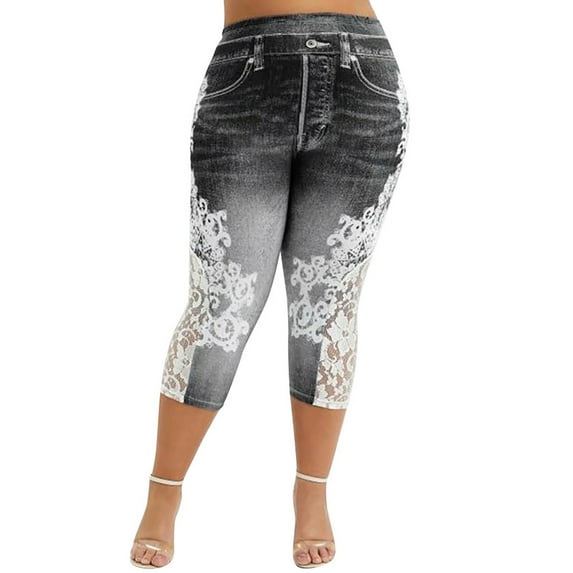 Black·Friday·Deals Clearance asdoklhq Womens Plus Capris, Women Plus Size Lace Printing Splice Elastic Hight Waist Casual Leggings Pants