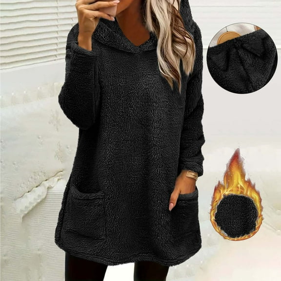 GaThRRgYP Womens Sweatshirts Crewneck,Women Long Sleeve Hooded Blouse Winter Loose Solid Pocket Warm Long Sleeve Blouse Black S