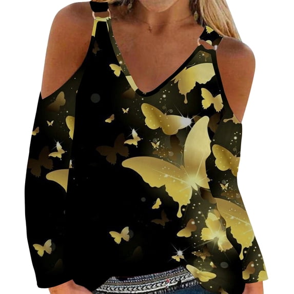 LEAVINGSUO Fall Winter V Neck Long Tops for Women, Womens Tops Clearance Women Sexy T- Shirt Cold Shoulder Pullover Blouse V-Neck Long Sleeve Print Tops