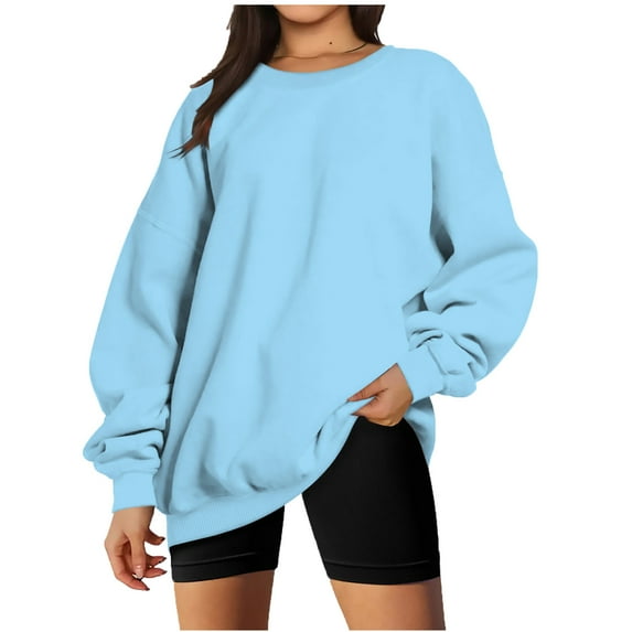 LEAVINGSUO Fall Womens Tops Long Sleeve,Fashion Woman Long Sleeve Round Neck Loose Sweatshirt Solid Blouse Tops Sky Blue S
