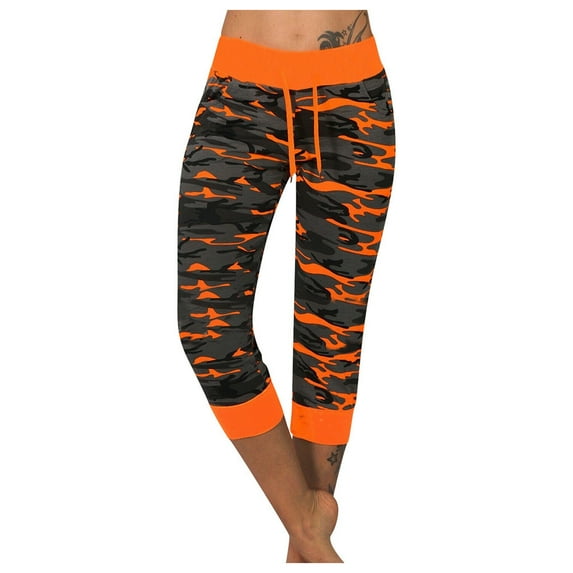 LEAVINGSUO Pants for Women Spring Fall Womens Fashion Women's Yoga Camouflage Printed Panel Drawcord Fashion Capris Casual Cropped Leg Pants Orange L