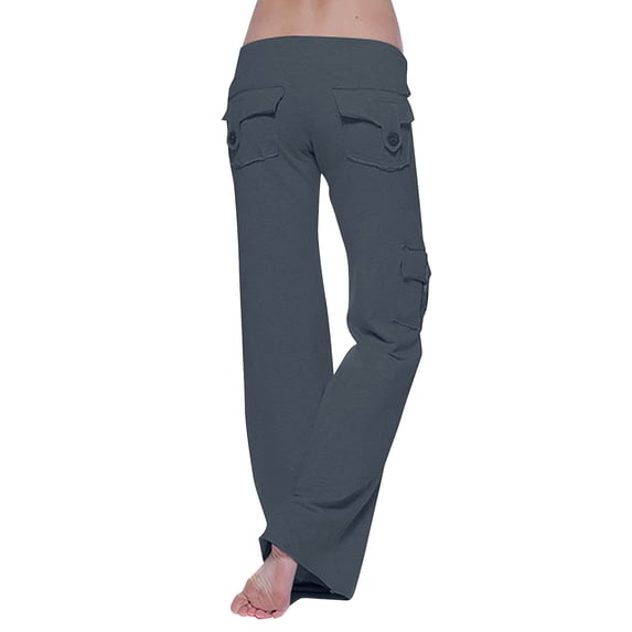 LEAVINGSUO Pants for Women Spring Fall Womens Fashion Women Workout Out Leggings Stretch Waist Button Pocket Yoga Gym Loose Pants Dark Gray S