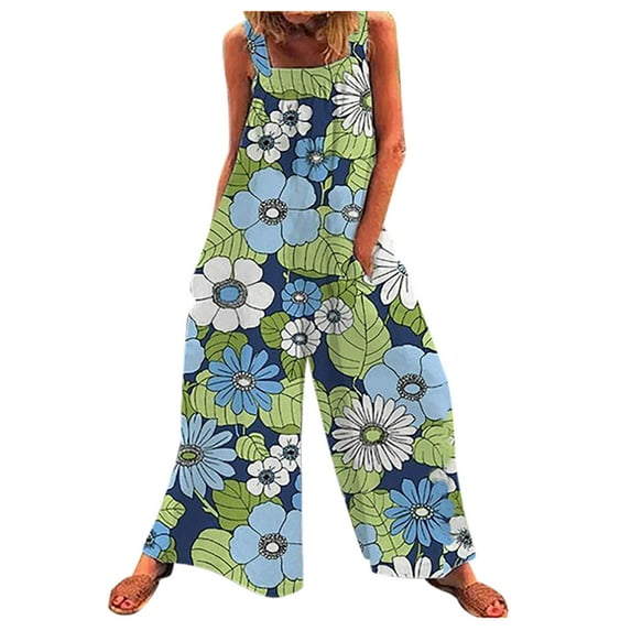 LEAVINGSUO Womens Pants Summer Fall Clearance Fashion Womens Fashion Pants Overalls Rompers Printed Buttons Suspender Jumpsuit Green XXL