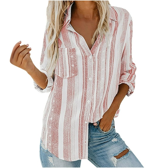 LEAVINGSUO Womens Tops & T-Shirts- Round-Neck Casual Womens Fashion V Neck Striped Roll Up Sleeve Blouses Tops with Pocket Loose Shirt