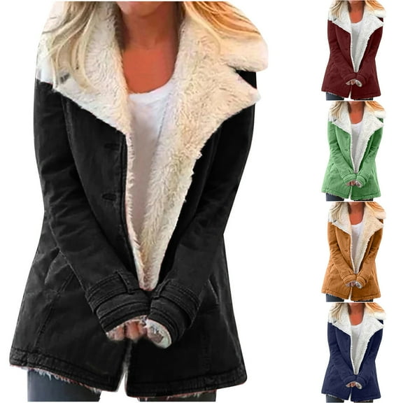 LEAVINGSUO Womens Winter Coats Plus Size Fleece Jackets,Women Plus Size Winter Warm Composite Button Lapels Jacket Outwear Coat Black XXL