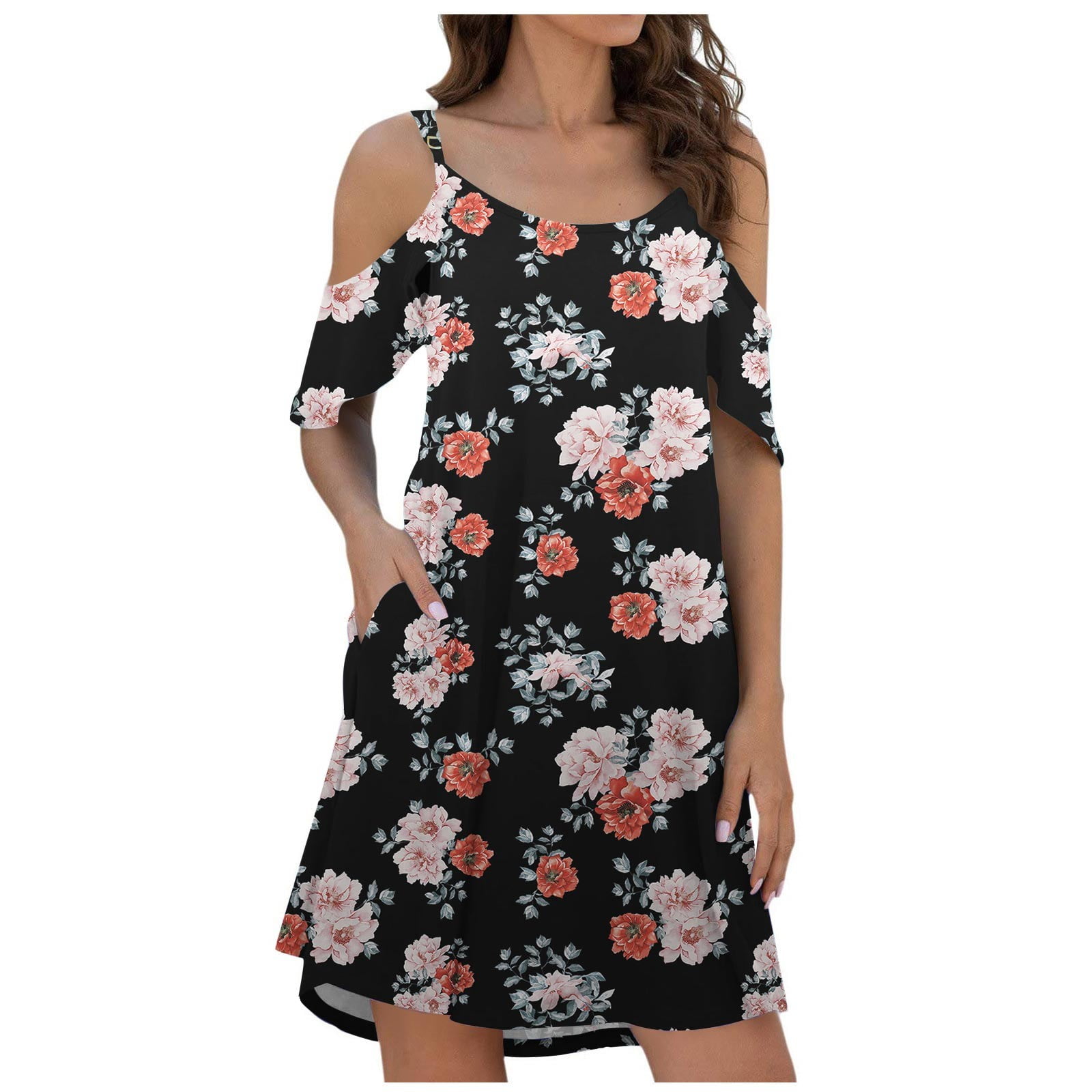 Black and Friday Deals Cold Shoulder Dresses for Women 2023, Women's Summer  Spaghetti Strap Floral Mini Dress V Neck Flowy Casual Dress Lighten Deals