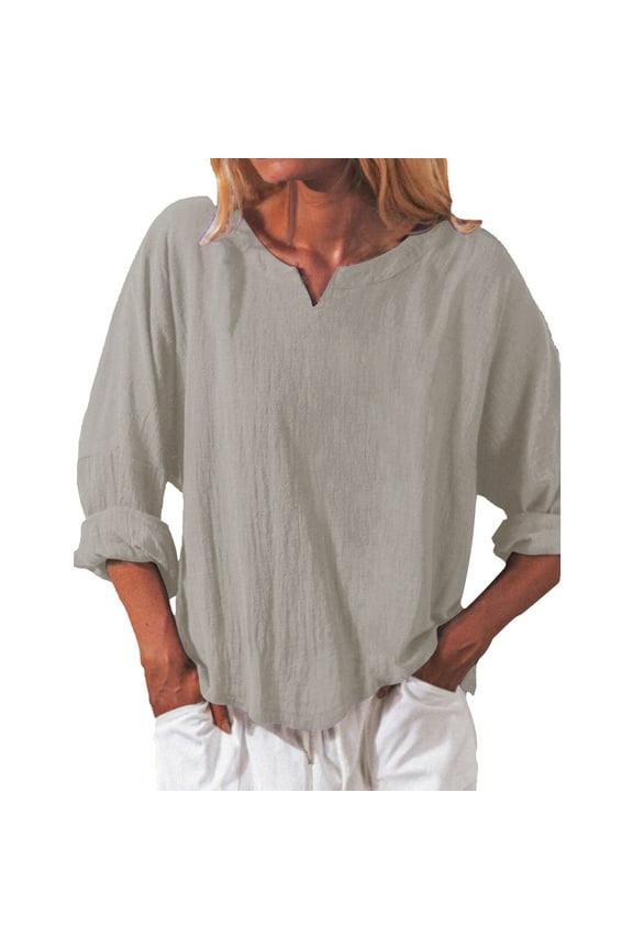Comfy Dressy Tunic Tops to Wear with Leggings Plus Size Tops for Women Flowy Peasant Blouse Long Shirt V-Neck Solid Long Sleeve Shirts Gray XL