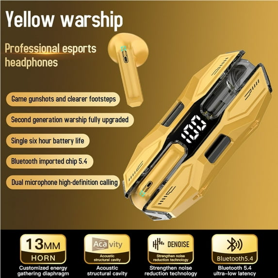 Latrodar Wireless Earbuds Bluetooth 5.4 Metal In-Ear Headphones Wireless Gaming Safety Guaranteed ones Stereo Ear Buds Yellow 4.8x3.6 Inch Home Essentials