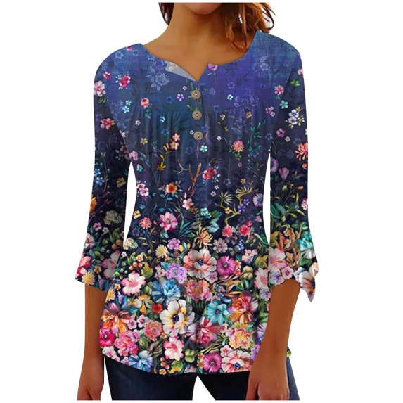 Black&Friday Deals Dyegold Fall Shirts For Women 2023 3/4 Sleeve Pleated Front V Neck Button Down Tops Tunics Vintage Floral Printed Blouses