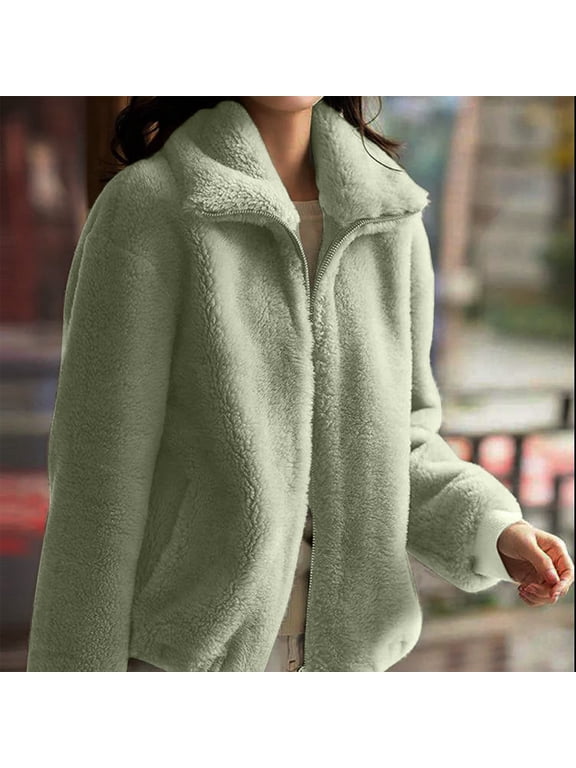 Women's Short Fleece Jacket Coat Casual Jacket with Pockets Warm Winter Fluffy Outwear Fall Winter