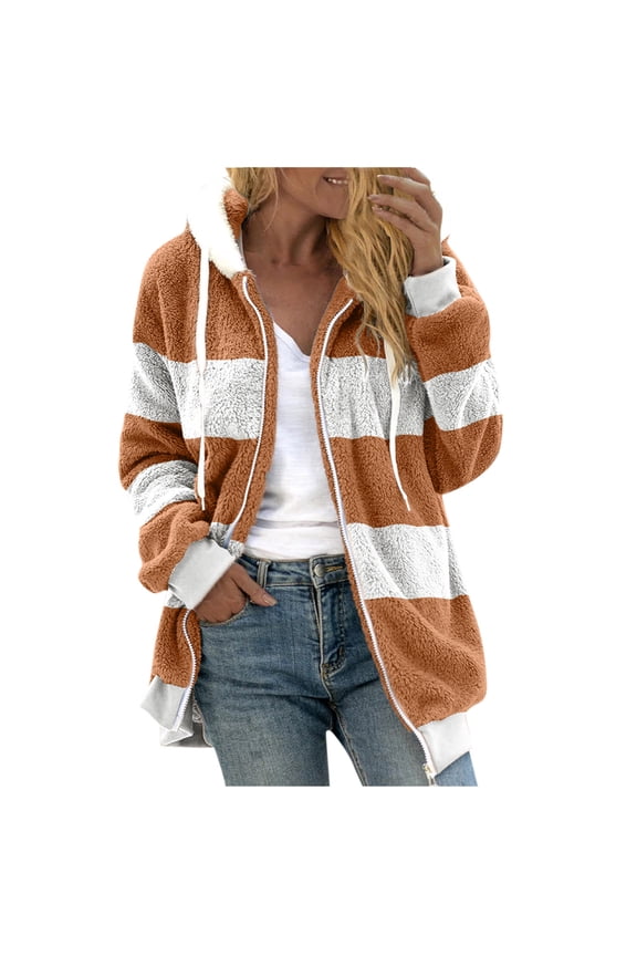 Womens Tops Womens Plus Size Fleece Jacket Autumn and Winter Long Sleeve Thickening Outerwear Casual Color Block Zipper Drawstring Hooded Coat