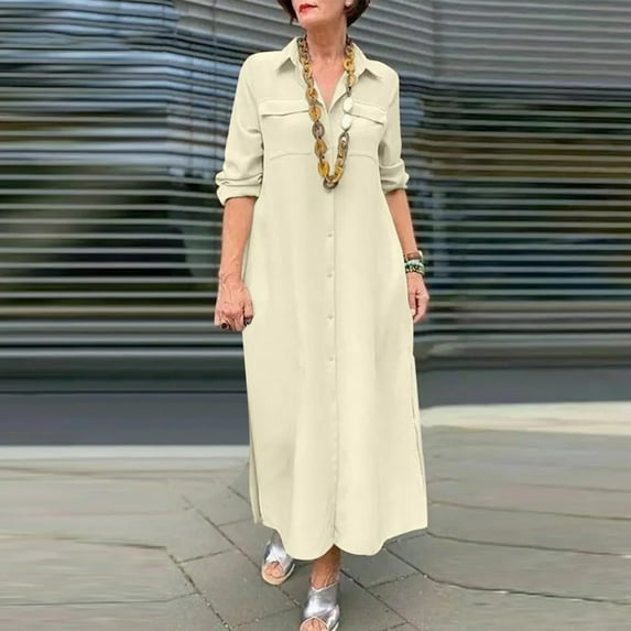 Black路Friday路Deals Giftesty Womens Plus Size Dresses,Women's Fashion Turndown Collar Loose And Comfortable Long Sleeve Long Dress