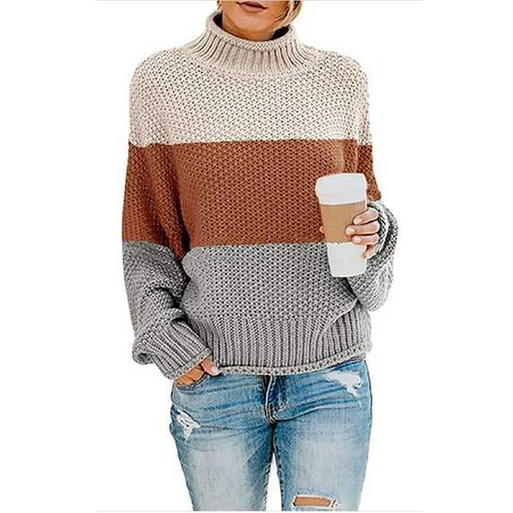 Idoravan Sweaters for Women Fall Winter Women Knit Color Matching Round Neck Loose Casual Sweater Tops