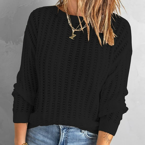 Idoravan Sweaters for Women Fall Women Casual Solid Long Sleeve Hollow Out Knit Pullover Crewneck Sweater Coat
