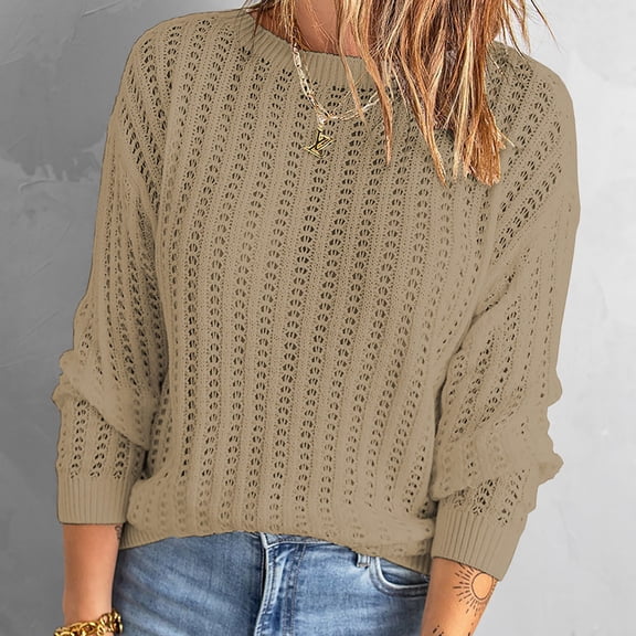 Idoravan Sweaters for Women Fall Women Casual Solid Long Sleeve Hollow Out Knit Pullover Crewneck Sweater Coat