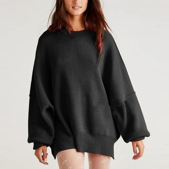 Idoravan Sweaters for Women Fall Women New Long-sleeved Round-neck Knitwear Pure Color Vent Insert Blouses