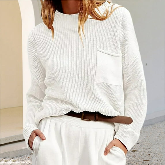 Idoravan Sweaters for Women Fall Women's Sweater Women's Round Neck Long Sleeve Pocket Knitted Shirt Lazy Style Sweater