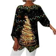 Black and Friday Deals JGTDBPO Ugly Christmas Sweater For Women Funny Cute Tshirt Plus Size Pullover Sweartshirt Irregular Hem Christmas Graphics Print Long Sleeve Comfortable Round Neck Loose Blouse