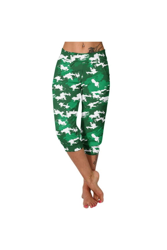 Women's Activewear Yoga Pants Workout Running Tights Fitness Gym Sports Leggings Blue Camouflage Capri Pants with Pockets Green S