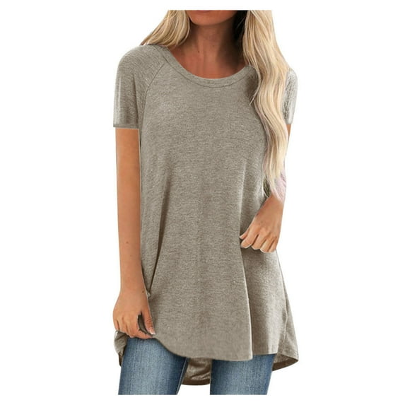 Abcnature Summer Tops for Women Short Sleeve Side Split Casual Loose Tunic Top Plus Size Round Neck T-shirt Khaki M