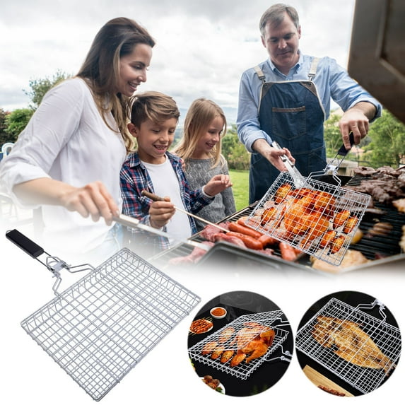 Stainless Steel Grill Basket,Square Grill Basket,Grill with Portable Removable Handle,Camping Accessories,BBQ Grilling Basket for Fish,Chicken,Meat,Steak,Vegetable,Kabob
