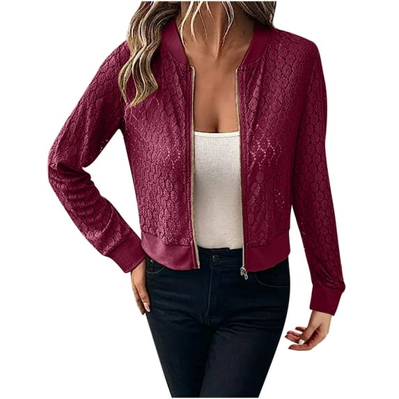 Black & Friday Deals Usmixi Bomber Jacket for Women Winter Coat for Women Going out Party Club Sexy Lace Hollow out Jacket Fall Lightweight Thin Long Sleeve Stand Neck Zip up Outerwear Weekly Deals