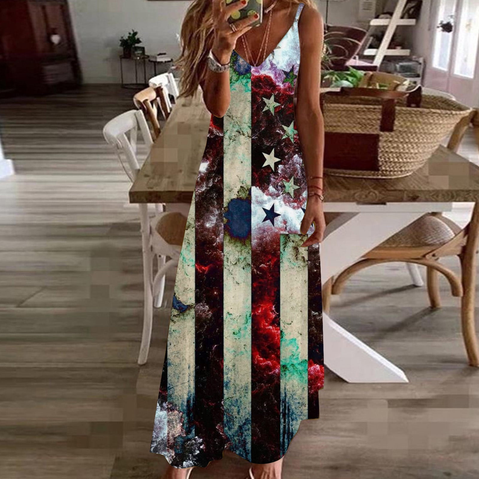 Usmixi Dresses for Women Independence Day Loose Spaghetti Strap Long ...