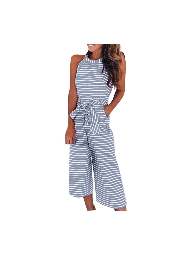 Usmixi Jumpsuits for Women Casual Pocket Empire Waist Loose Wide Leg Long Tank Jumpsuits Overalls with Belt Summer Formal Striped Print Crewneck Sleeveless Maxi Rompers Blue m