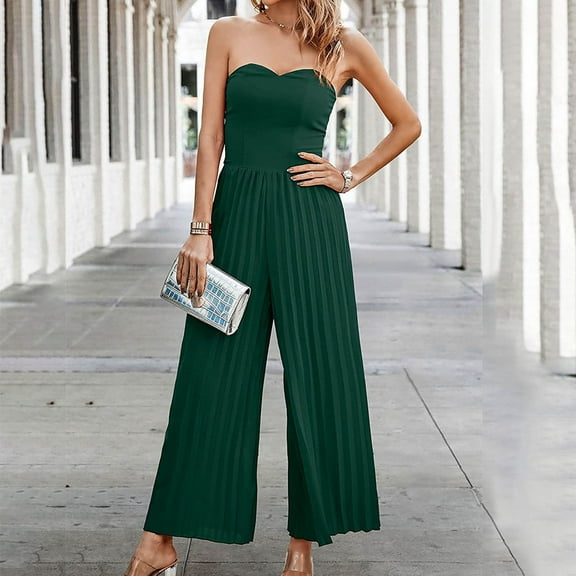 Usmixi Jumpsuits for Women Dressy Evening Party Sexy Strapless Pleated Wide Leg Empire Waist Jumpsuits Overalls Summer Tube Top Sleeveless Solid Long Formal Rompers Green l