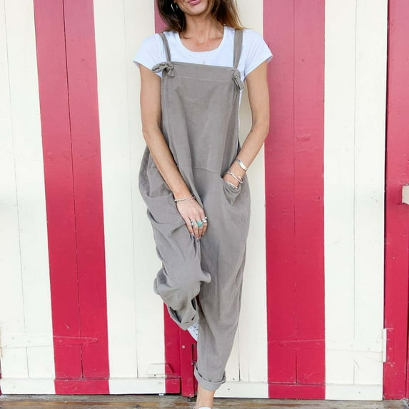 Usmixi Jumpsuits for Women Dressy Plus Size Casual Spaghetti Strap Lightweight Jumpsuits Overalls with Pocket Summer Square Neck Sleeveless Solid Long Formal Rompers Gray m