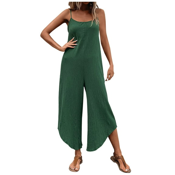 Usmixi Jumpsuits for Women Fashion Irregular Loose Wide Leg Lightweight Spaghetti Strap Long Jumpsuits Overalls Summer Formal Solid Square Neck Sleeveless Maxi Rompers Green s