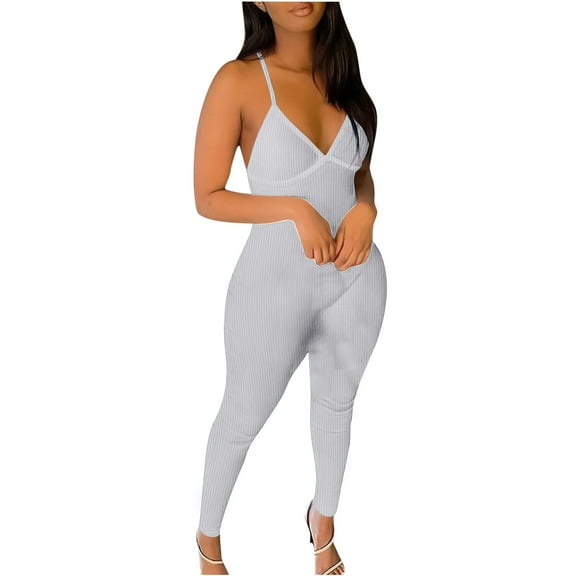 Usmixi Jumpsuits for Women Sexy Back Hollowed Soft Knitted Ribbed Slim Strap Sports Yoga Long Jumpsuits Overalls Summer Formal Solid V-Neck Sleeveless Maxi Rompers Gray l