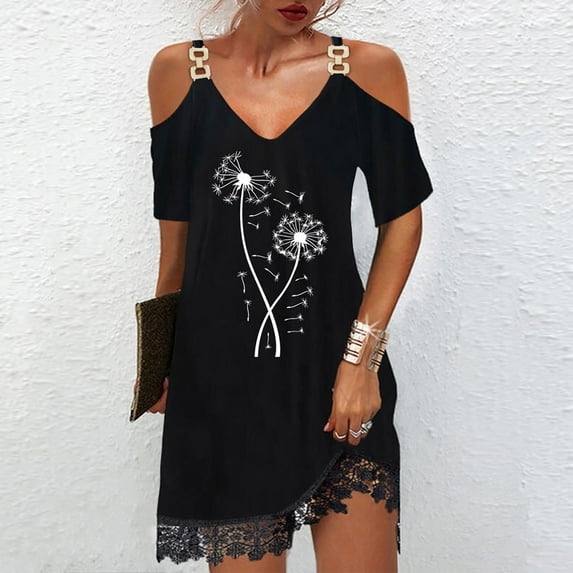 Usmixi Womens Dresses Sexy Lace Patchwork Cold Shoulder Metal Strap Tunic Short Dresses Summer Dandelion Print V-Neck Short Sleeve Formal Mini Dress Multicolor m