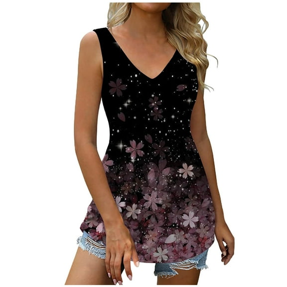 Usmixi Womens Tank Tops Beach Fashion Floral High Waist Pleated Hem Going out Tunic Vest Tops Summer Trendy Sunflower Print V-Neck Sleeveless Shirts Blouse Pink l