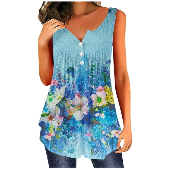 Usmixi Womens Tank Tops Fashion Button Pleated Swing Henley Shirts Lightweight Belly Tunic Vest Summer Trendy Feather Print V-Neck Sleeveless Shirts Blouse Blue l