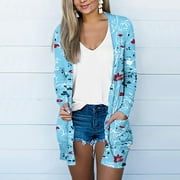 GOSUGUU Black and Friday Deals Wenini Clearance Cardigan Womens Long Sleeve Round Neck Floral Print Kimonos Cardigan Loose Swimsuit Coverup Casual Beach Bathing Suit Tops # Tadays Deals Blue L