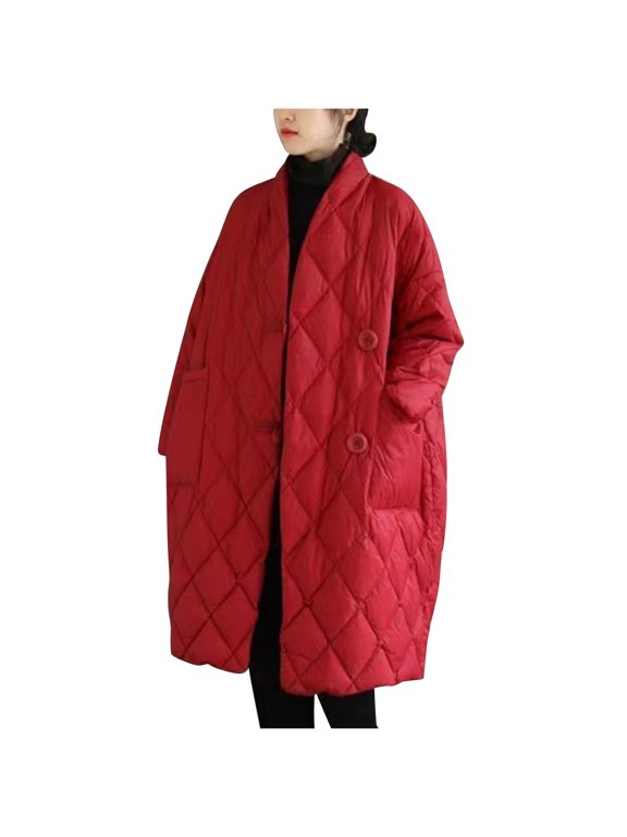 Women's Baggy Maxi Duster Outwear Trendy Long Sleeve Trench Coat Lady Casual Jackets Notch Stand Collared Coat Thickened Outwear Coat Winter Clothes Solid Color Red L
